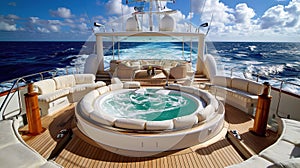 Luxury yacht with jacuzzi sailing across blue ocean