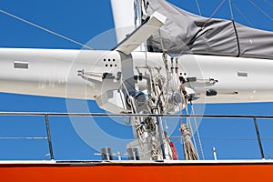 Luxury yacht with mast and rigging in Dutch harbor Lauwersoog