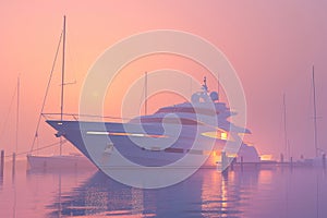 Luxury yacht moored in calm waters bathed in warm glow of misty sunset. Silhouettes of sailboats enhance tranquil harbor