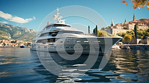 Luxury yacht moored in picturesque bay of beautiful ancient Mediterranean city. Ultra-modern megayacht reflected in photo