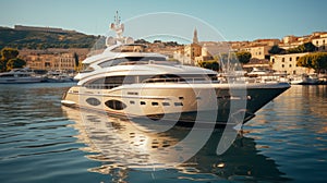 Luxury yacht moored in picturesque bay of beautiful ancient Mediterranean city. Ultra-modern megayacht reflected in photo