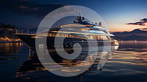 Luxury yacht moored in a picturesque bay in the evening light. A modern megayacht with a beautifully illuminated hull in