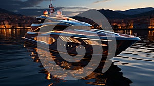 Luxury yacht moored in a picturesque bay in the evening light. A modern megayacht with a beautifully illuminated hull in photo