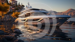 Luxury yacht moored in a picturesque bay in the evening light. A modern megayacht with a beautifully illuminated hull in photo
