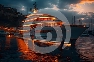 Luxury yacht in port at sunset showcasing modern futuristic design and opulence. Concept Luxury