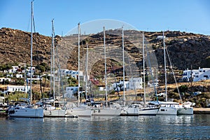 Luxury yacht, sailing boat moored at Mykonos port Greek island, Cyclades, Greece