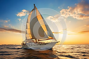 Luxury yacht sailing at sunset. Generate AI