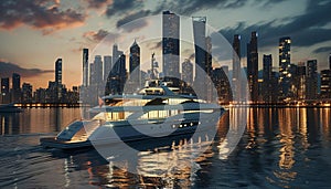 Luxury yacht sails through illuminated city skyline at dusk