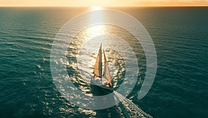 Luxury yacht sails towards sunset on water generated by AI