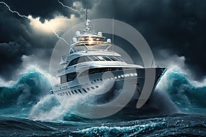 luxury yacht in stormy waters, with lightning strikes and waves crashing against the sides