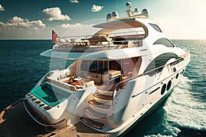 luxury yacht, with sunroofs and deck chairs open for sunny day on the water