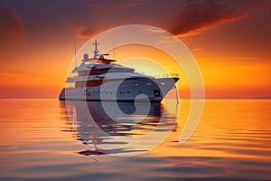luxury yacht surrounded by peaceful sunset, with orange and red colors reflecting on the water