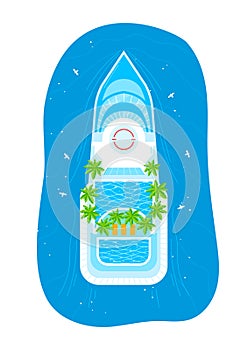 Luxury yacht top view in the open sea with palm trees and deck. Private boat cruise on ocean waters vector illustration