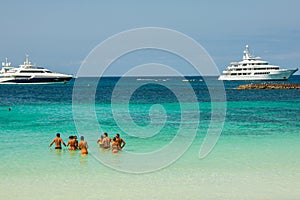 Luxury yacht in turquoise beach of Formentera Illetes AUGUST 21