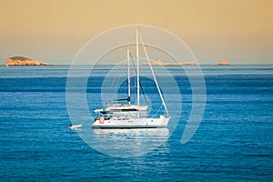 Luxury yacht in turquoise Illetes Formentera mediterranean sea B