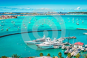 Luxury yachts and boats in the marina of Marigot, St Martin, Caribbean.