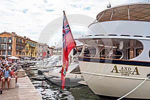 Luxury Yachts in the harbor of Saint Tropez - ST TROPEZ, FRANCE - JULY 13, 2020