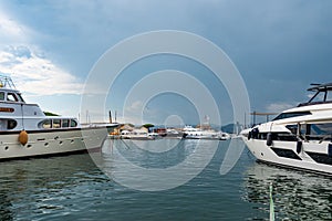 Luxury Yachts in the harbor of Saint Tropez - ST TROPEZ, FRANCE - JULY 13, 2020