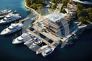 Luxury yachts in the marina. 3d rendering, Aerial view of the yacht club. Aerial top down view of docked sailboats. Top down view
