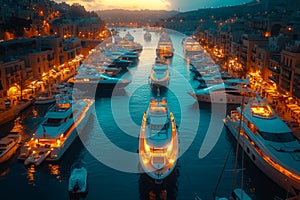 Luxury yachts and motor boats in the harbor of Monaco Monte Carlo sunset