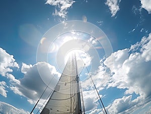 Luxury yachts on a sailing regatta. The bright sun is at its zenith. Sailing in the wind through the waves at sea. Bottom view