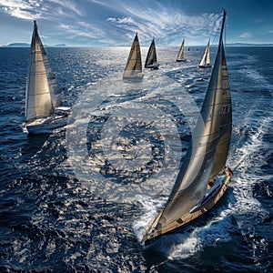 Luxury Yachts at Sea, Sailing Regatta, Sailing Sport in Ocean Waves, Generative AI Illustration