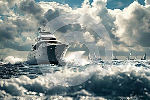 Luxury Yachts at Sea, Sailing Regatta, Sailing Sport in Ocean Waves, Generative AI Illustration