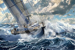 Luxury Yachts at Sea, Sailing Regatta, Sailing Sport in Ocean Waves, Generative AI Illustration