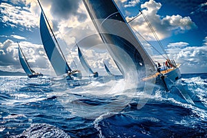 Luxury Yachts at Sea, Sailing Regatta, Sailing Sport in Ocean Waves, Generative AI Illustration