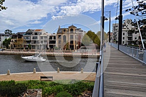 Luxury yatch boat in harbour near walk bridge