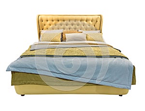 Luxury yellow modern bed furniture with patterned bed with leather upholstery capitone texture headboard and fabric