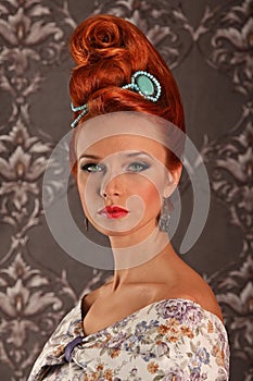 Luxury young beautiful woman in vintage victorian dress