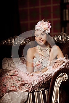 Luxury young smiling beauty woman in vintage dress in elegant in