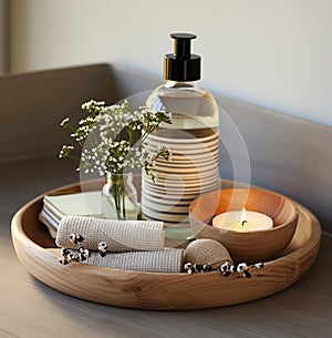 Luxury for your skin: natural products on a wooden tray
