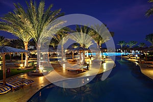 LuxuryTropical Resort Pool in dusk