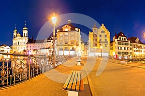 Luzern evening view of famous landmarks and Reuss river