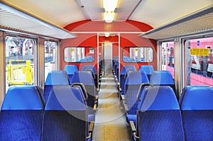 Interior of the empty local train carriage.