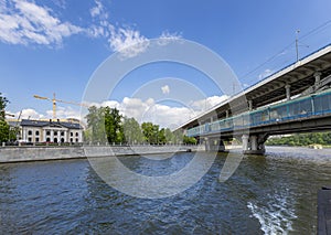 Luzhnetskaya Bridge Metro Bridge and Moskva River, Moscow, Russia. View from tourist pleasure boat