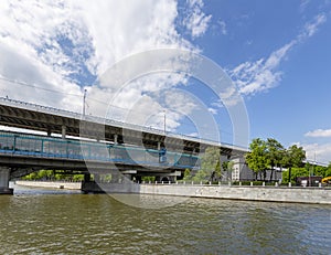 Luzhnetskaya Bridge Metro Bridge and Moskva River, Moscow, Russia. View from tourist pleasure boat