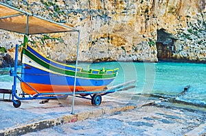 Luzzu boat at Dwejra Inland sea, San Lawrenz, Gozo, Malta