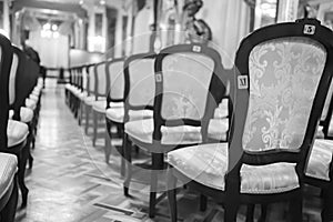 Lviv Opera House. interior. beautiful old chairs in the theater. black and white photo