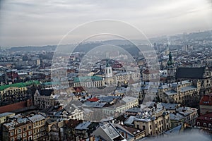 Lviv panorama. Aerial view on the old centre of Lviv in Western Ukraine, with on the left the Uspensky church and on the right the