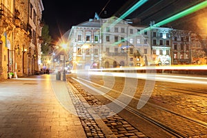 Lviv panorama at night. View of the night street of the European medieval city.