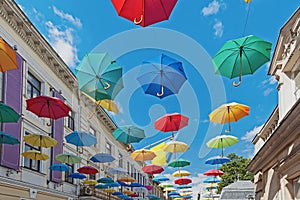 Lviv street decorated with umbrellas in Ukraine