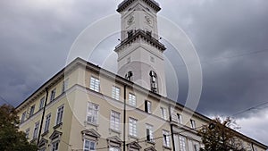 Lviv Town Hall building with overcast cloudscape