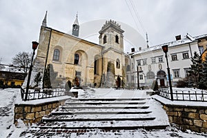 Winter view on All Saints Cathedral and Benedictine Monastery in Lviv old town, Ukraine