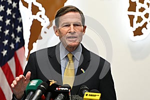 US Senator Richard Blumenthal during a press conference in Lviv, Ukraine