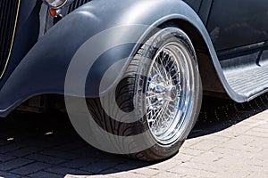 Lviv Ukraine. June 1, 2019. Beautiful retro car wheel. Close-up. Leopolis Grand Prix photo