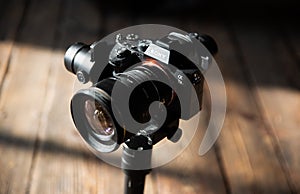 LVIV, UKRAINE - March 20, 2021 : Modern Sony camera on electronic stabilizer