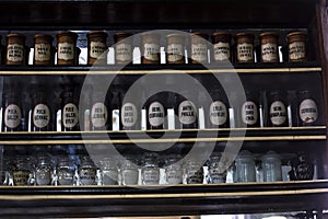 Showcase in an old pharmacy. Pharmacy Museum in Lviv